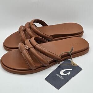 Olukai Tiare Slide Fox Brown Leather Island Comfort Sandals Women's Size 9